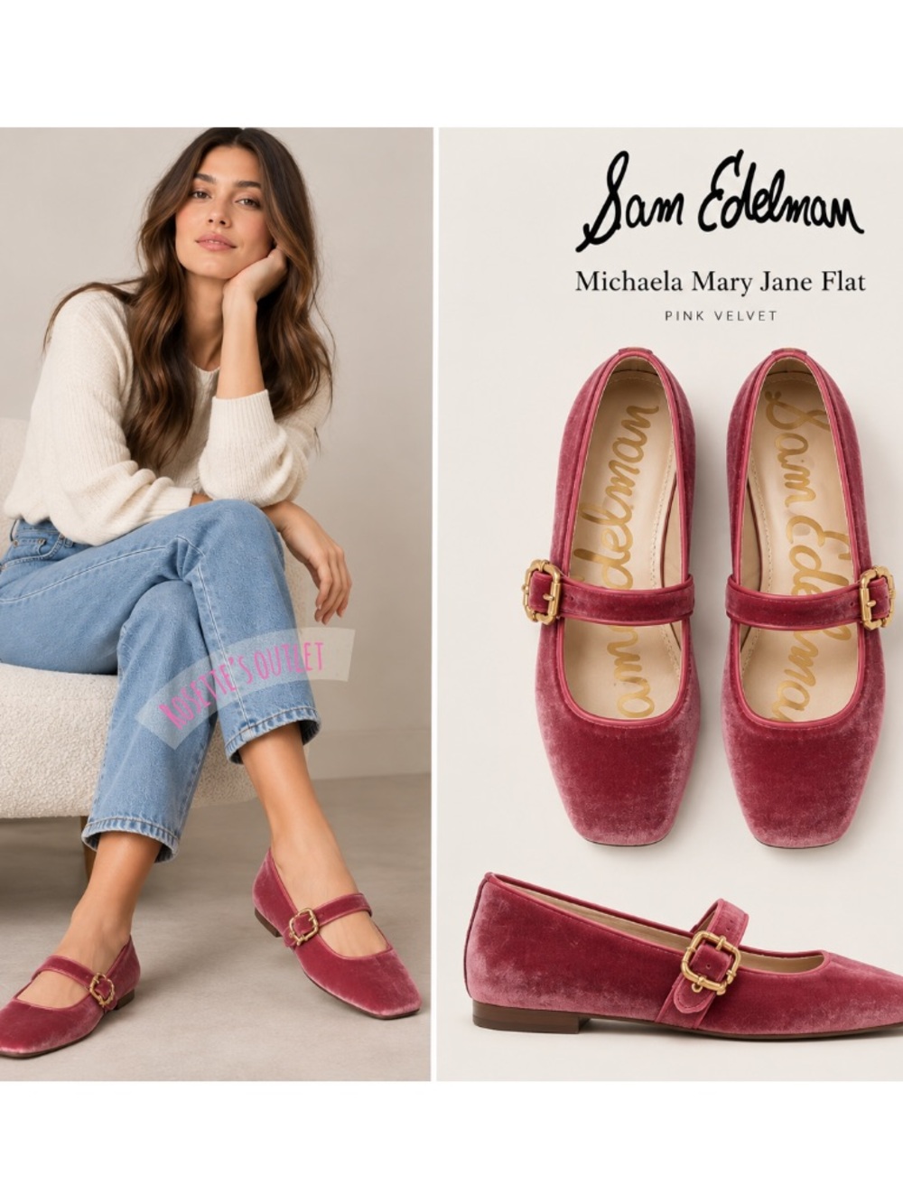 Sam Edelman Pink Velvet Mary Jane Flats with Gold Buckle new in film